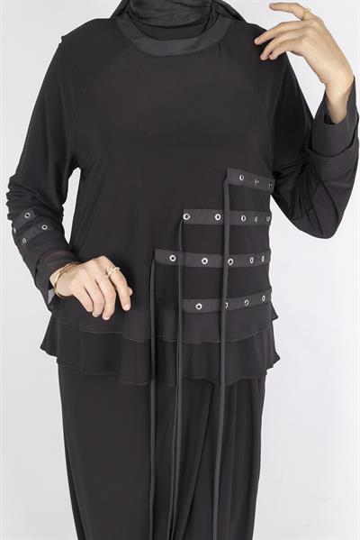 Metal Halkalı Şalvarlı Tesettür Takım Siyah OTW45803
