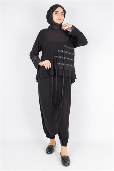 Metal Halkalı Şalvarlı Tesettür Takım Siyah OTW45803
