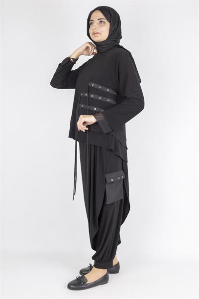 Metal Halkalı Şalvarlı Tesettür Takım Siyah OTW45803
