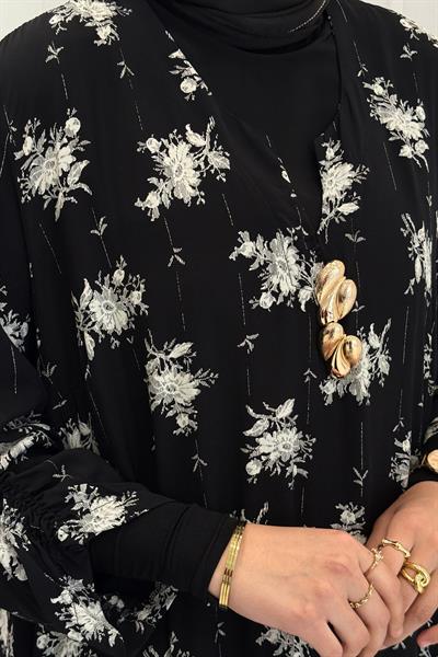 Minimal Çiçek Desenli Büyük Beden Tesettür Elbise Siyah OTW4014