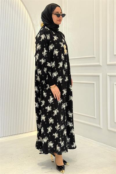 Minimal Çiçek Desenli Büyük Beden Tesettür Elbise Siyah OTW4014