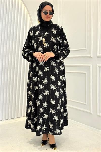 Minimal Çiçek Desenli Büyük Beden Tesettür Elbise Siyah OTW4014