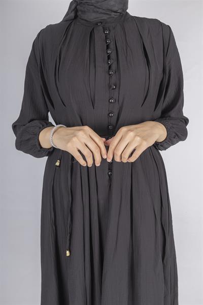 Minimalist Kuşaklı Düğmeli Uzun Elbise Siyah OTW5255