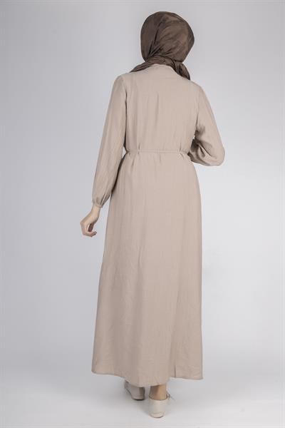 Minimalist Kuşaklı Düğmeli Uzun Elbise Taş OTW5255