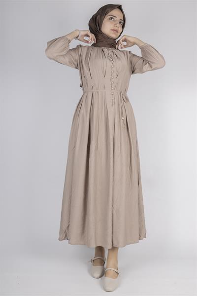 Minimalist Kuşaklı Düğmeli Uzun Elbise Taş OTW5255