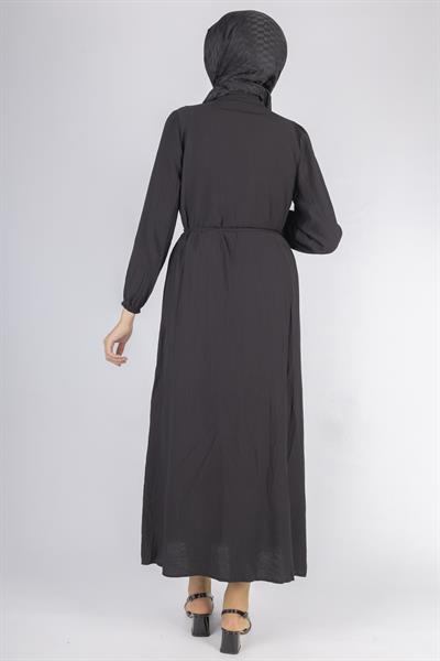 Minimalist Kuşaklı Düğmeli Uzun Elbise Siyah OTW5255