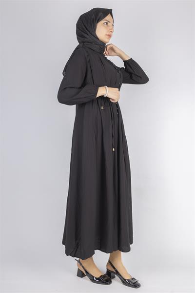 Minimalist Kuşaklı Düğmeli Uzun Elbise Siyah OTW5255