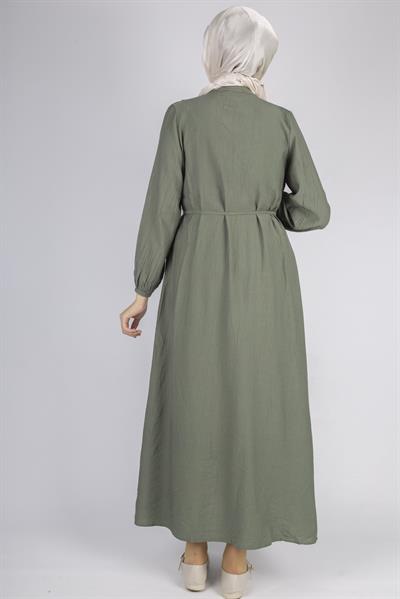 Minimalist Kuşaklı Düğmeli Uzun Elbise Haki OTW5255
