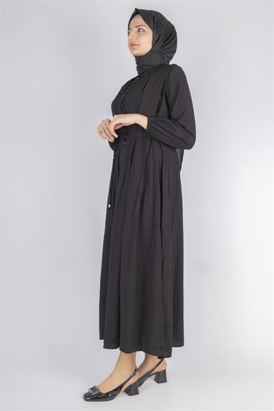 Minimalist Kuşaklı Düğmeli Uzun Elbise Siyah OTW5255