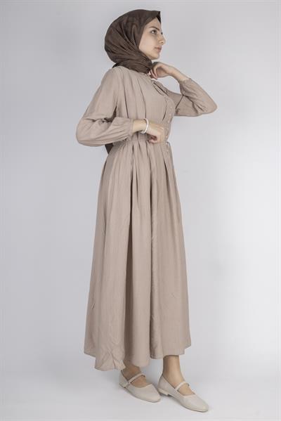 Minimalist Kuşaklı Düğmeli Uzun Elbise Taş OTW5255