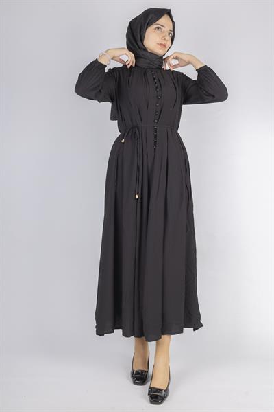 Minimalist Kuşaklı Düğmeli Uzun Elbise Siyah OTW5255