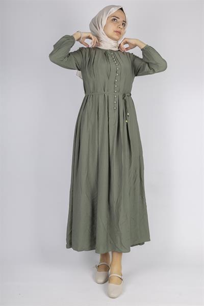 Minimalist Kuşaklı Düğmeli Uzun Elbise Haki OTW5255