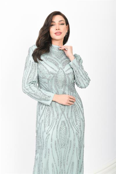 Mint Yeşili Taş İşlemeli Prenses Omuz Abiye Mint OTW3140