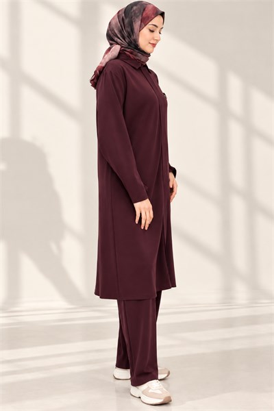 Modern Broş Detaylı Büyük Beden Pantolonlu Takım Bordo OTW343