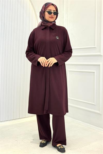 Modern Broş Detaylı Büyük Beden Pantolonlu Takım Bordo OTW343