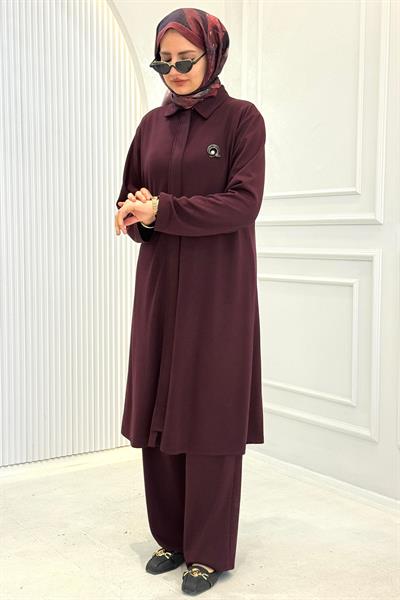 Modern Broş Detaylı Büyük Beden Pantolonlu Takım Bordo OTW343