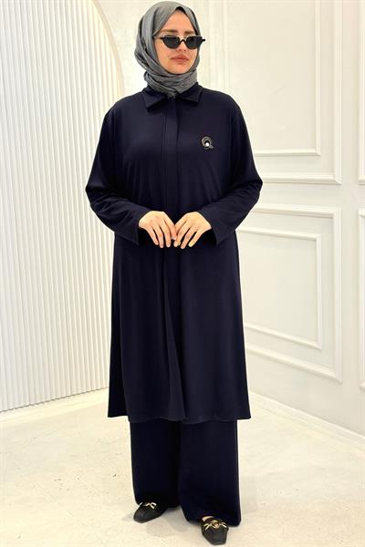 Modern Broş Detaylı Büyük Beden Pantolonlu Takım Lacivert OTW343