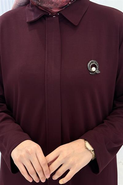 Modern Broş Detaylı Büyük Beden Pantolonlu Takım Bordo OTW343