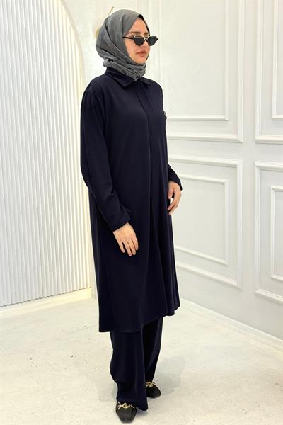 Modern Broş Detaylı Büyük Beden Pantolonlu Takım Lacivert OTW343