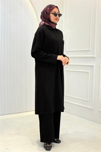 Modern Broş Detaylı Büyük Beden Pantolonlu Takım Siyah OTW343