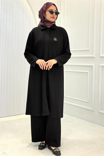 Modern Broş Detaylı Büyük Beden Pantolonlu Takım Siyah OTW343
