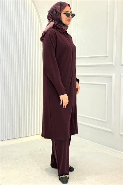 Modern Broş Detaylı Büyük Beden Pantolonlu Takım Bordo OTW343