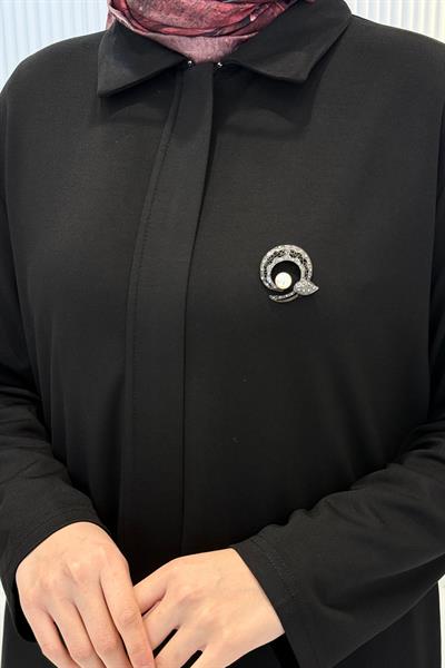 Modern Broş Detaylı Büyük Beden Pantolonlu Takım Siyah OTW343