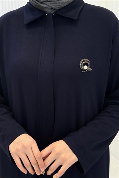 Modern Broş Detaylı Büyük Beden Pantolonlu Takım Lacivert OTW343