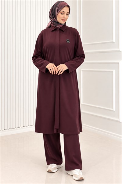 Modern Broş Detaylı Büyük Beden Pantolonlu Takım Bordo OTW343