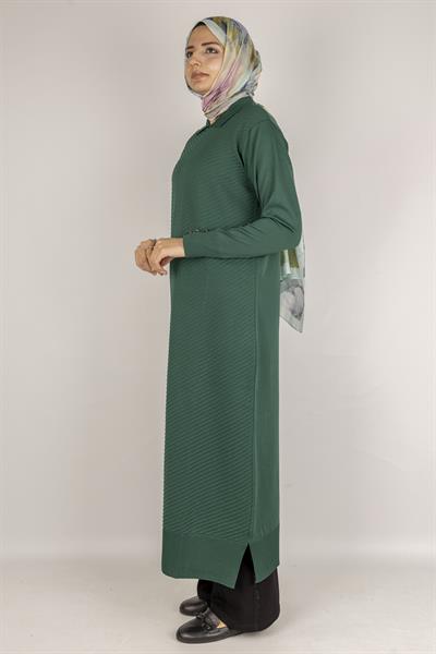 Modern Çizgi Desenli Merserize Elbise Zümrüt OTW1010