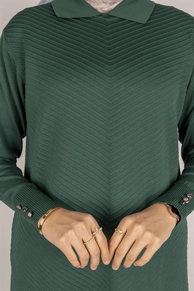 Modern Çizgi Desenli Merserize Elbise Zümrüt OTW1010