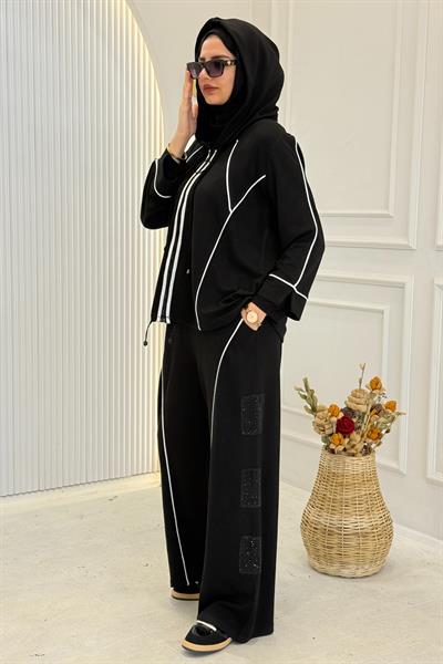 Modern Çizgili Büyük Beden Spor Takım Siyah OTW9837