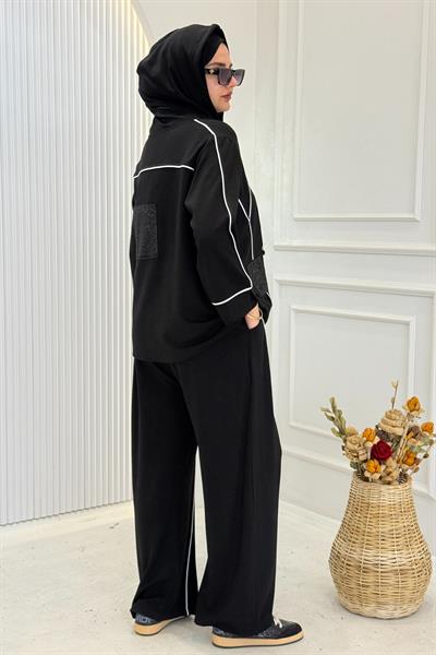 Modern Çizgili Büyük Beden Spor Takım Siyah OTW9837