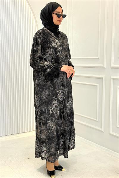 Modern Desenli Büyük Beden Uzun Elbise Desenli OTW9587
