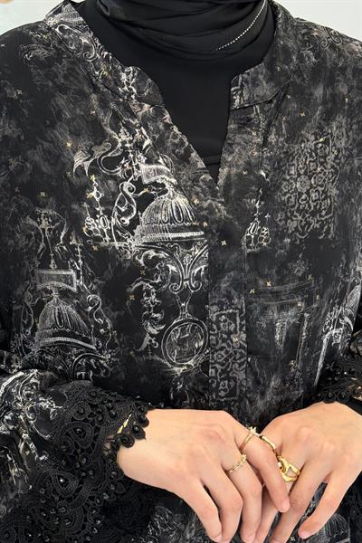 Modern Desenli Büyük Beden Uzun Elbise Desenli OTW9587