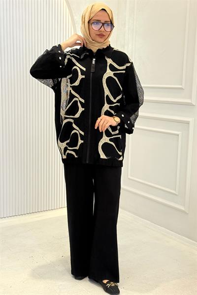 Modern Desenli Ceketli Üçlü Tesettür Takım Siyah OTW46820