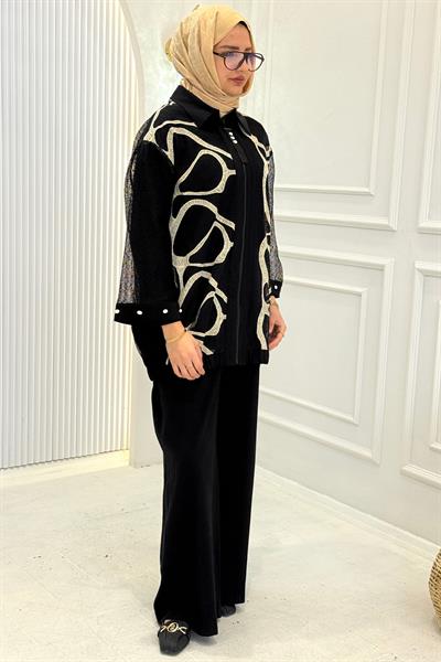 Modern Desenli Ceketli Üçlü Tesettür Takım Siyah OTW46820