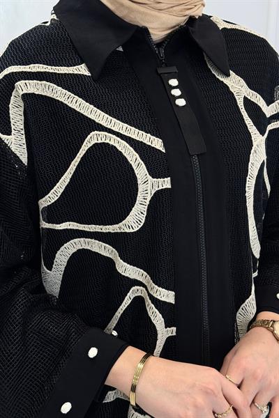 Modern Desenli Ceketli Üçlü Tesettür Takım Siyah OTW46820