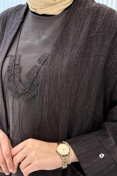 Modern Dokulu Uzun Tesettür Abaya Takım Kahve OTW628
