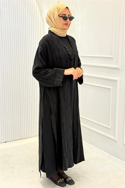 Modern Dokulu Uzun Tesettür Abaya Takım Siyah OTW628