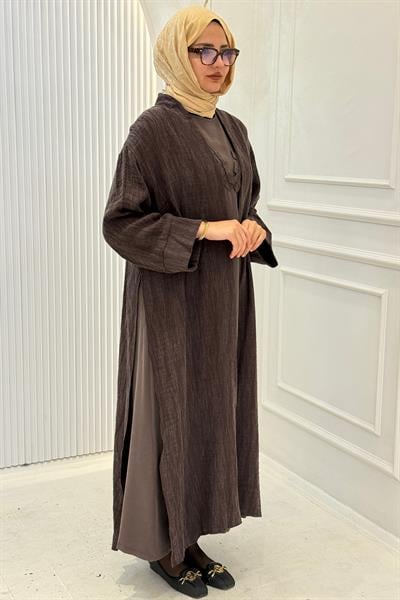 Modern Dokulu Uzun Tesettür Abaya Takım Kahve OTW628