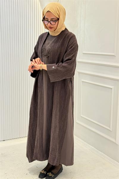 Modern Dokulu Uzun Tesettür Abaya Takım Kahve OTW628