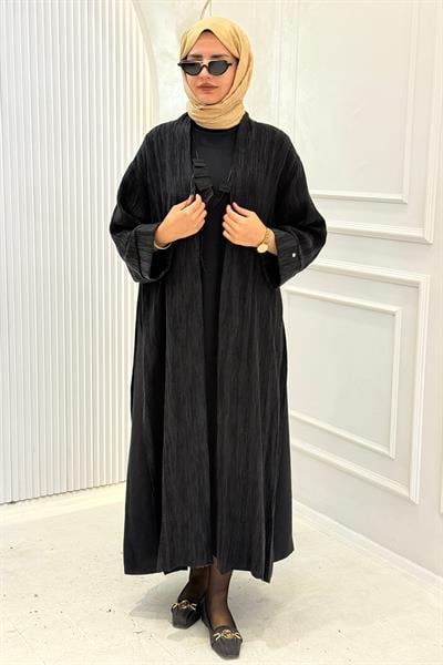 Modern Dokulu Uzun Tesettür Abaya Takım Siyah OTW628