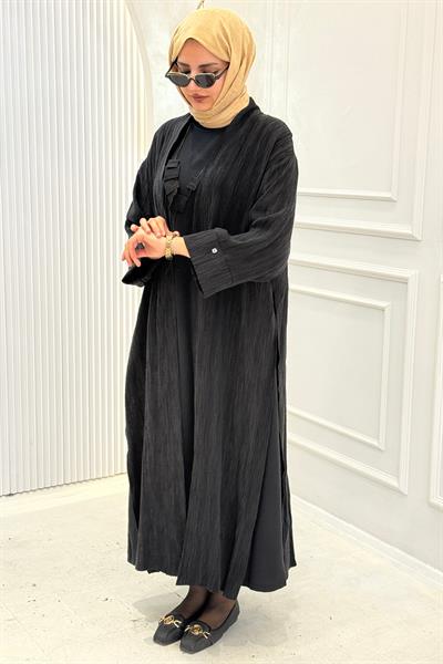 Modern Dokulu Uzun Tesettür Abaya Takım Siyah OTW628