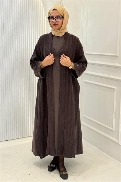 Modern Dokulu Uzun Tesettür Abaya Takım Kahve OTW628