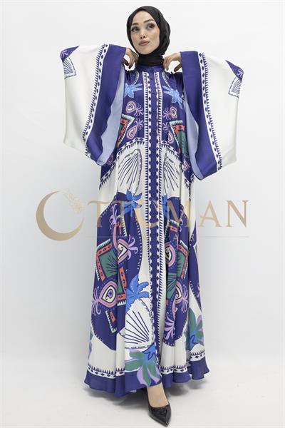 Modern kesim etnik desenli saten elbise – şık ve bohem stil Mavi OTW431