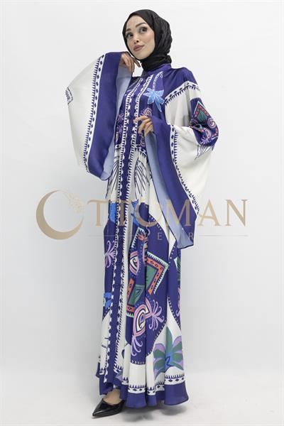 Modern kesim etnik desenli saten elbise – şık ve bohem stil Mavi OTW431