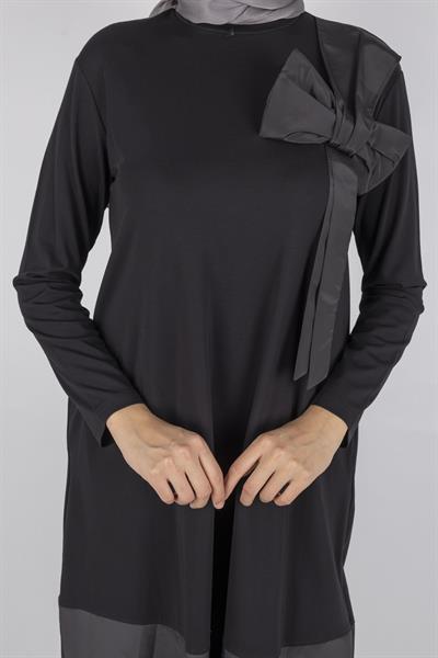 Modern Tasarım Fiyonk Detaylı Çelik Örme Elbise Siyah OTW25173