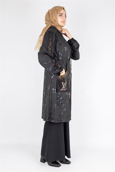 Monogram Çiçek Jakarlı Büzgü Bel Fermuarlı Kap Siyah OTW1006