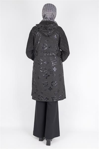 Monogram Çiçek Jakarlı Büzgü Bel Fermuarlı Kap Siyah OTW1002